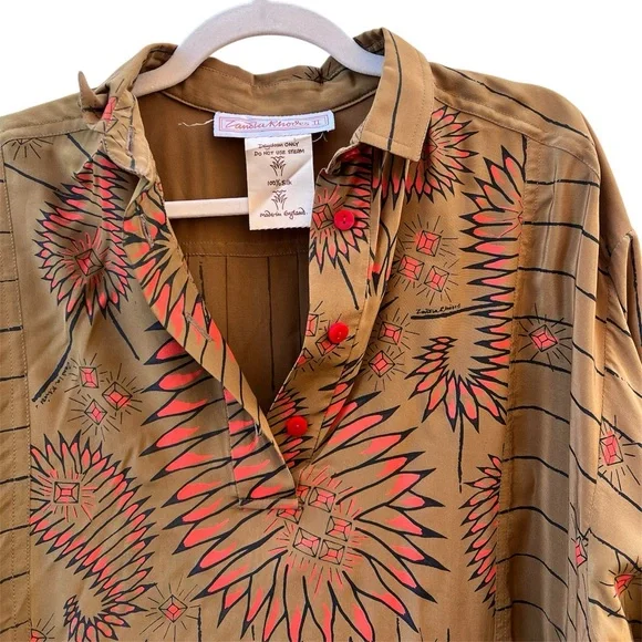 Vintage Zandra Rhodes Brown Floral 100% Silk Shift Midi Dress Made in England - Picture 3 of 9